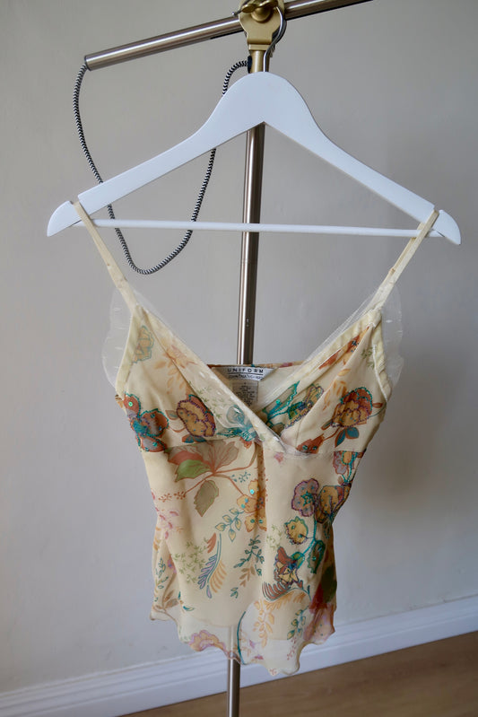 Y2K Beaded Silk Yellow Floral Tank