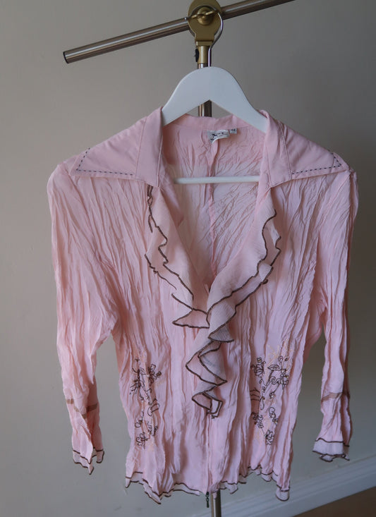 Pink Ruffle and Embroidered Blouse